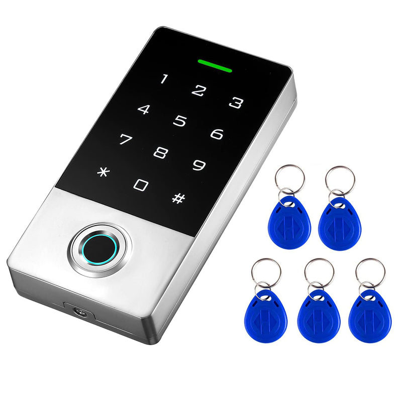 Fingerprint Password Access Control System with 5PCS ID Key Fobs, Fingerprint Door Lock Keypad Controller Support 10000 Users, Weatherproof, Backlight, Zinc Alloy Metal, Touch Panel Metal Shell
