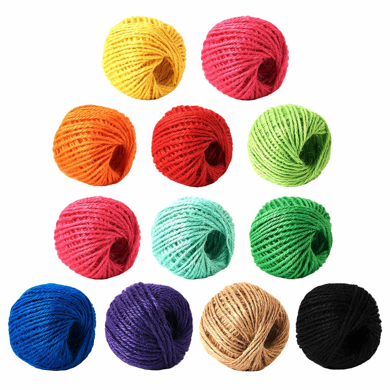 HSTECH 12 Rolls 2mm 3 ply Colorful Natural Jute String for Artworks, Handmade Crafts, Plant Hanger, Gift Wrapping String, DIY Crafts, Picture Display and Embellishments, Gardening 12 Colors