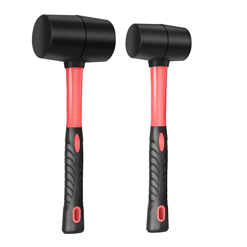 Fiberglass Handle Rubber Mallet Hammer Set, 8 OZ and 16 OZ, Soft Blow Tasks without Damage, Black with Red, 2 Packs