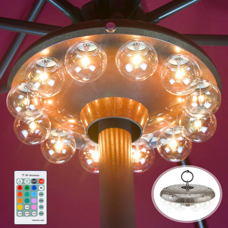 LUXSWAY Umbrella Lights Battery Operated,12 Color Changing Outdoor Patio Umbrella Light for Pole with 80Ft Remote,12 Clear Bulb 48 LEDs,4 Modes,4 Timer Option,Umbrella Hanging Light for Camping,BBQ A-Clear bulb