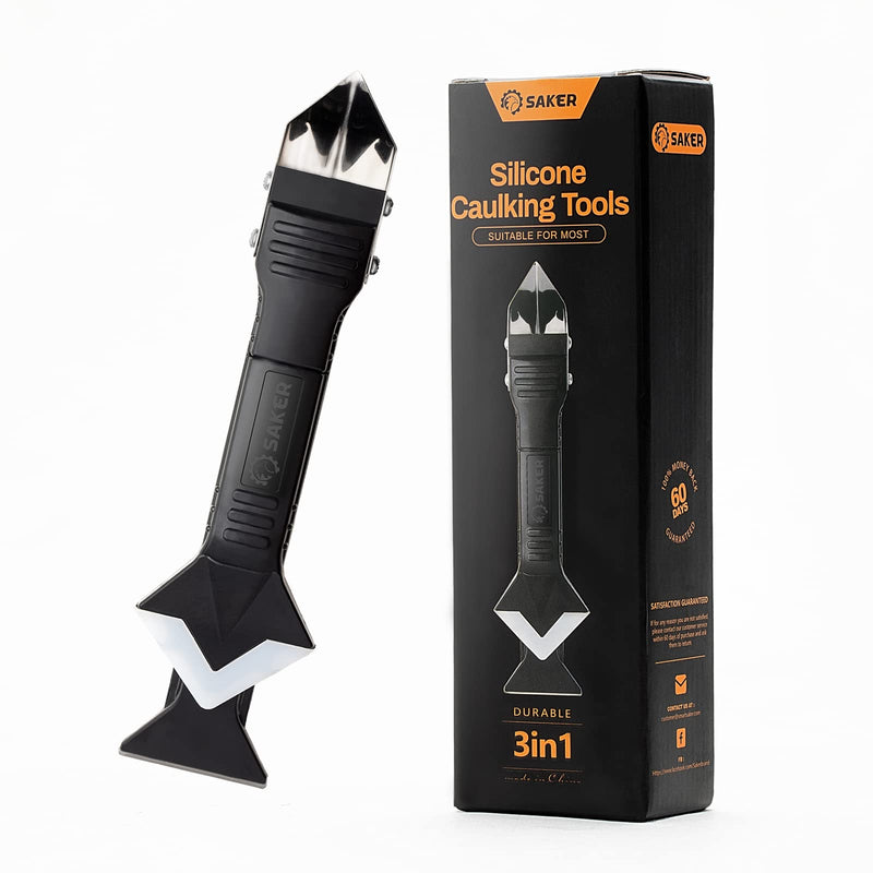 Saker Silicone Caulking Tools-3 in 1 Sealant Finishing Tool Grout Remove Scraper (Stainless Steelhead),Caulk Remover Glass Glue Angle Scraper for Bathroom,Kitchen,Floor,Window,Sink Joint,Frames Seal Black