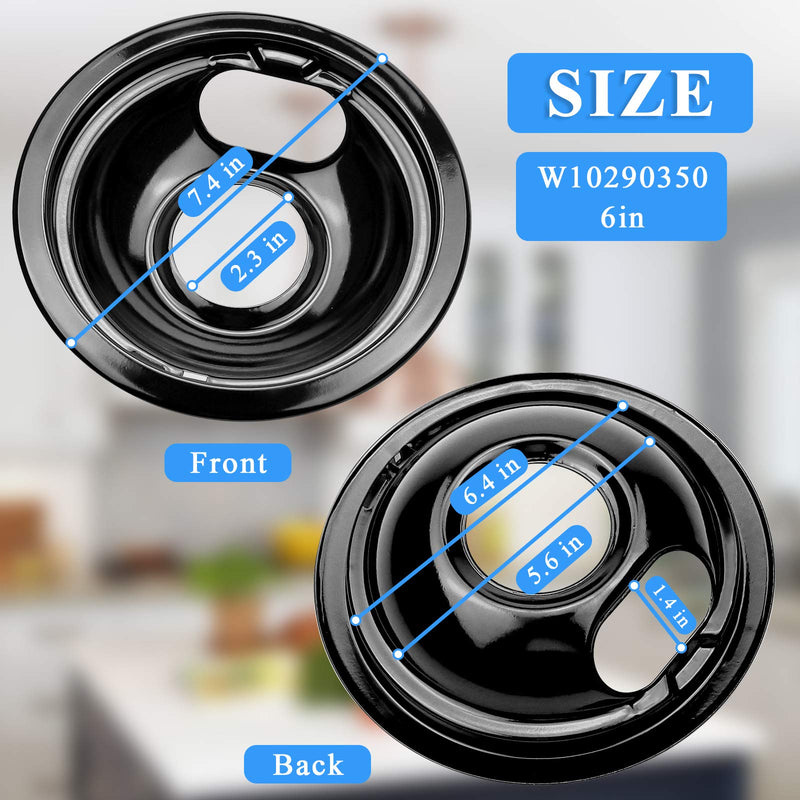 W10290350 W10290353 Burner Porcelain Drip Pans Set Replacement by APPLIANCEMATES Fits whirlpool Electric Range Stove Top Drip Bowls 4-Pack Includes 1 Large 8-Inch and 3 Small 6-Inch (Black)