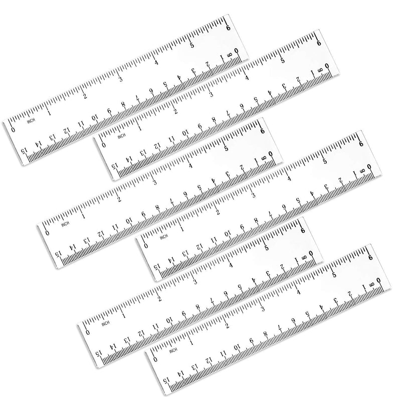 6 Pack 6 Inch Ruler Plastic Ruler Straight Ruler Plastic Measuring Tool Transparent Ruler Small Ruler with Inches and Metric Measuring for Student School Office (Clear, 15cm)