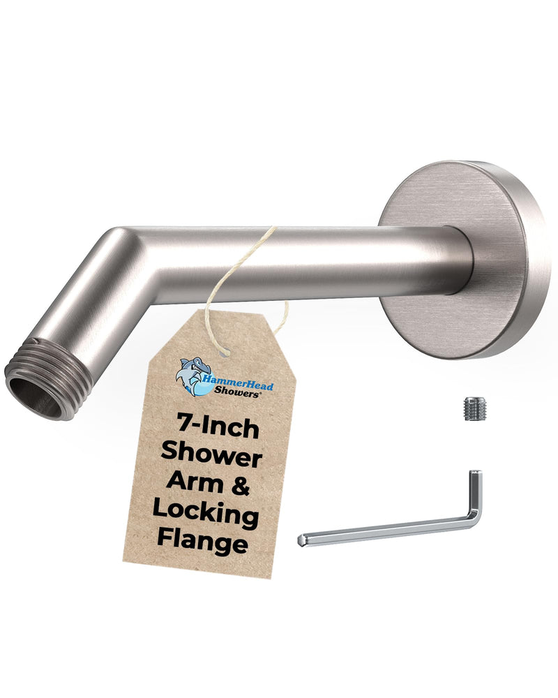 HammerHead Showers® ALL METAL 7 Inch Shower Arm and Flange with Set Screw, Brushed Nickel | Wall Elbow Pipe and Cover Plate | Universal Replacement Part for Showerheads