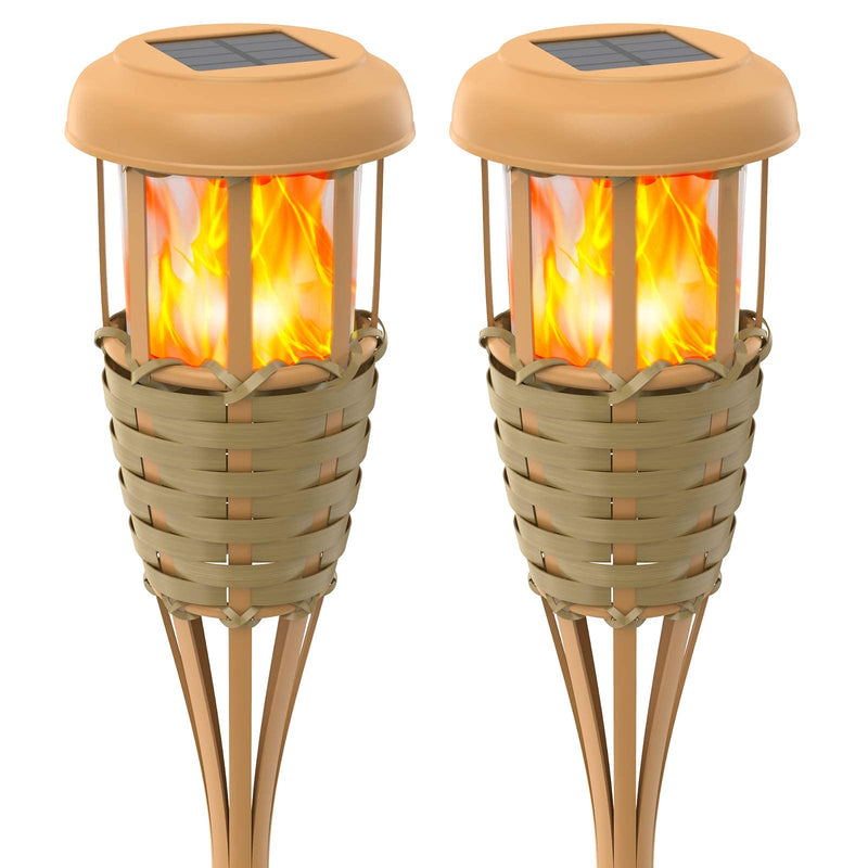 Flickering Flames Solar Powered Lights - Upgraded Solar Torches Waterproof Outdoor Decorative Lighting Auto On/Off, Handmade Bamboo Finish, 2-Pack Classic Yellow-2 Pack