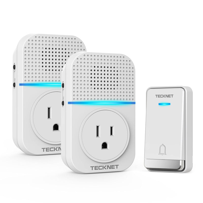TECKNET Wireless Doorbell, Self-Powered Doorbell, 0-110db Plug-through Wireless Doorbell Ringer for Homes Classroom, IP66 Waterproof 1300ft Door Chime with Extra Socket, 60 Chimes, LED Light (White) 2 Receivers + 1 Button White