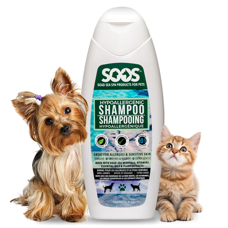 Soos Pet Dog Shampoo for Cats and Pets Hypoaller-genic Natural Dead Sea Minerals Fast Absorbing with Vitamins Essential Oils Natural Elements Antiba-cterial - 1x Pet Shampoo (500ml) - PawsPlanet Australia
