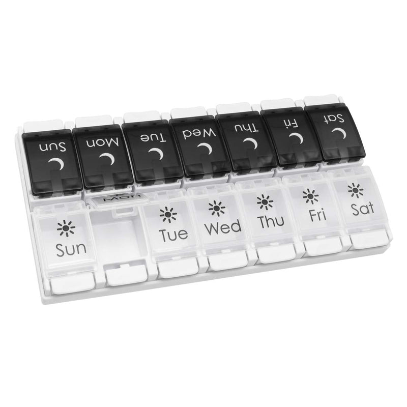 EZY DOSE Push Button (7-Day) Pill Case, Medicine Planner, Vitamin Organizer, 2 Times a Day AM/PM, Removable Trays, Large Compartments, Arthritis Friendly, Spring Open Black and White Lids, BPA Free Black/White (2x a Day) 1 Count (Pack of 1)