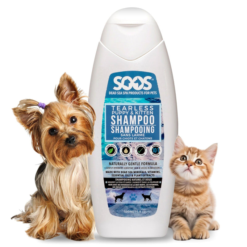 Soos Pet Tear-Less Shampoo for Puppies and Kittens | Natural Dead Sea Minerals | Fast Absorbing, Moisturizing, Gentle Skin Care | Vitamins & Essential Oils for Sensitive Skin - 500ml - PawsPlanet Australia