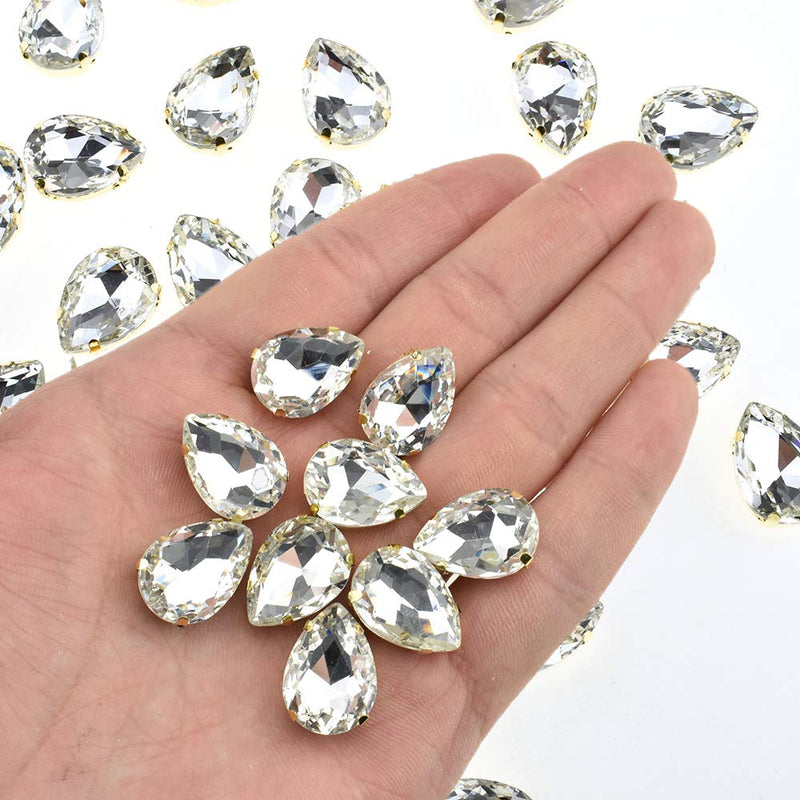 Hahiyo 13x18mm Sew On Rhinestones Claws Base High Transparent Glass Crystal Gems Metal Back Prong Setting Easy Glue Tear Drop 48 Pieces Multi-Function for Jewelry Gift Dress Arts Crafts Decorate 13x18 Teardrop White-48Pcs