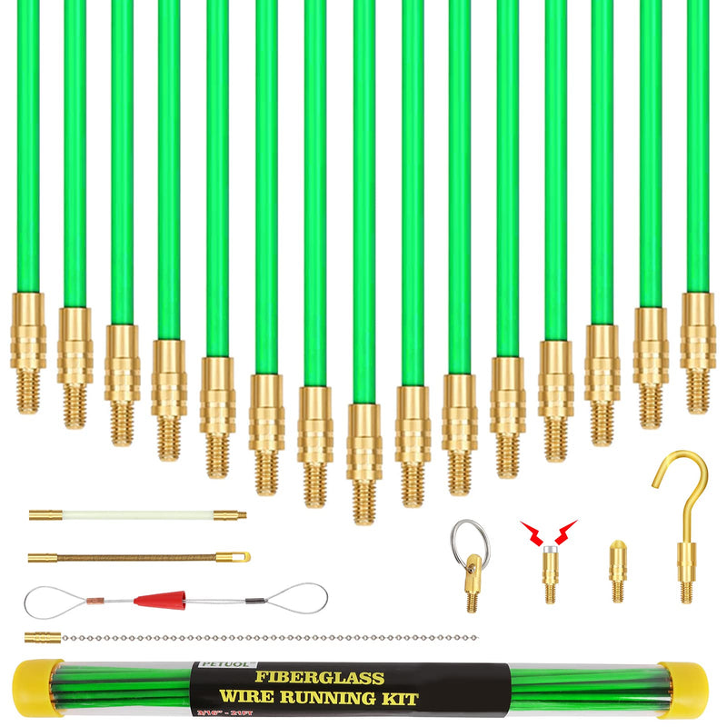 21 Feet Fiberglass Fish Tape Cable Rods, Electrical Wire Running Pull/Push Kit with Hook and Hole Kit Glow Rod, Hook Hole, Green 21FT