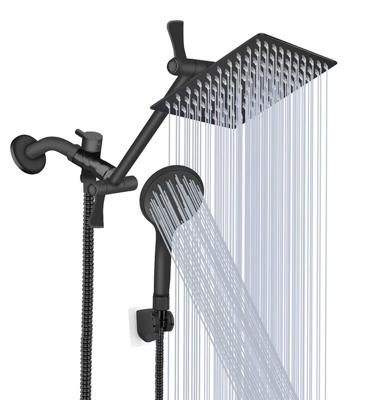 Shower Head, 8‘’ High Pressure Rainfall/Handheld Shower Combo with 11'' Extension Arm, 9 Settings, Anti-leak Shower Head with Holder, Height/Angle Adjustable, Chrome, Matte Black 8 inch - Matte Black