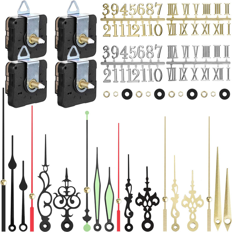 4 Pieces Quartz DIY Wall Clock, Clock Numerals Kit, Movement Mechanism Battery Operated Clock Motor Kit with 6 Different Pairs of Hands for DIY Clock Repairment