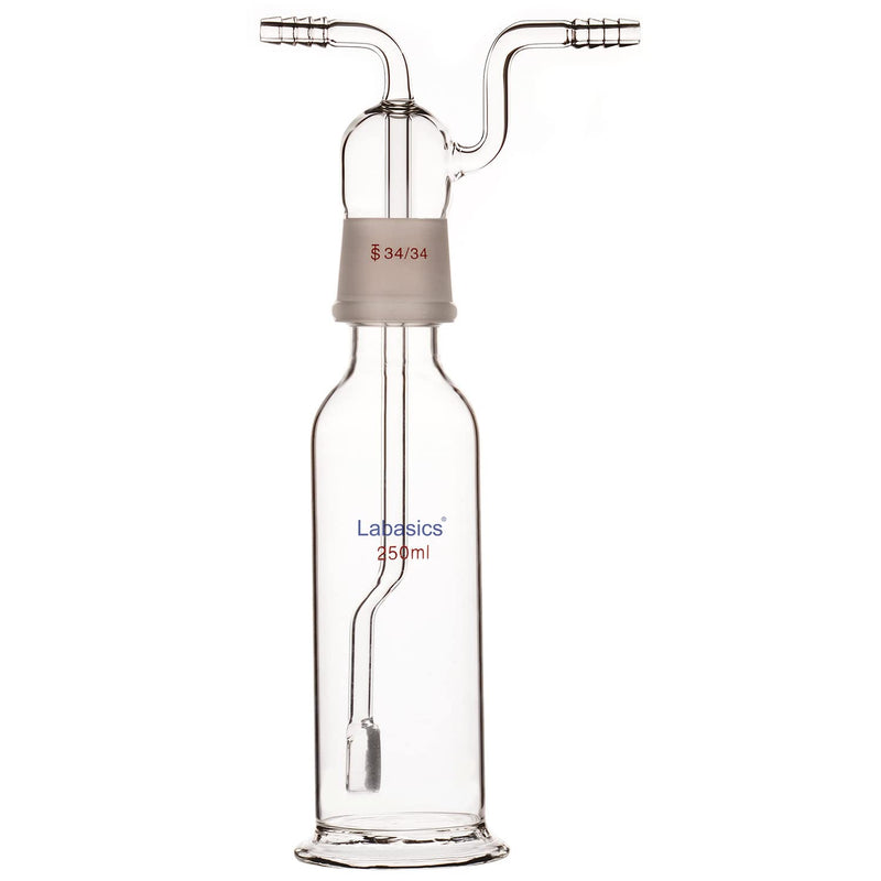 Labasics Gas Washing Bottle, Borosilicate Glass 34/34 Stopper Gas Bubbler Gas Washing Bottle with Fritted Disc and 10 mm OD Inlet/Outlet Hoses, 250 ml 8.5 Ounces