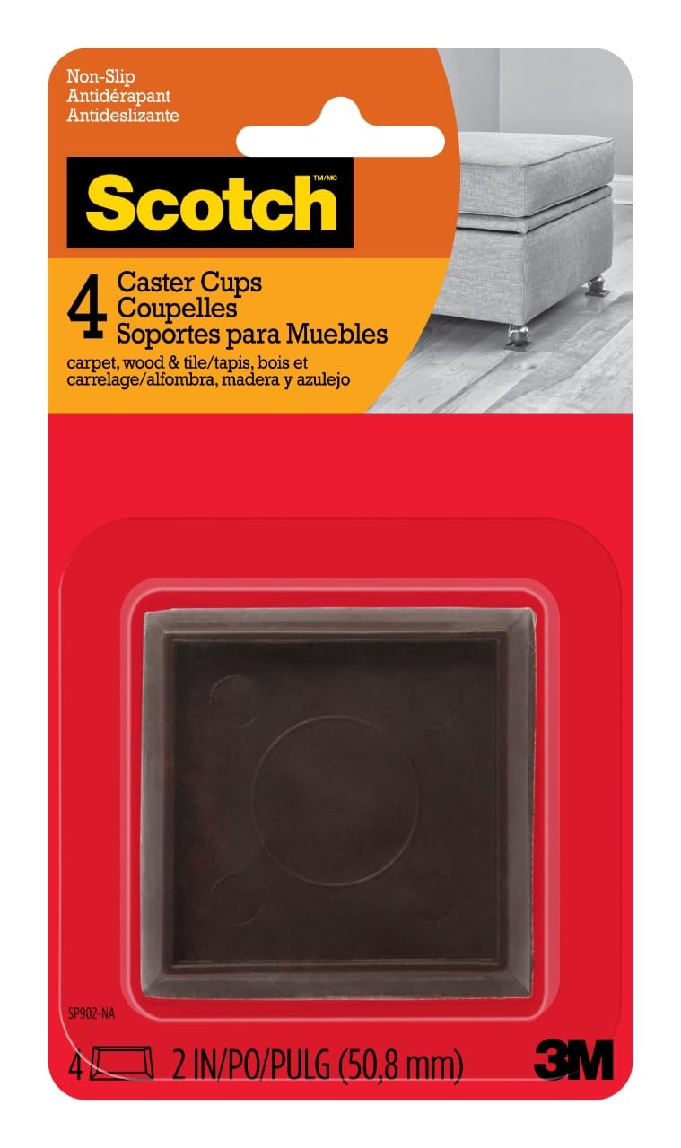 Scotch Caster Cups, 6-Pack of 4 2 in. Square Non-Slip Furniture Pads for Tables, Sofas, Beds on Finished Surfaces Square 2"