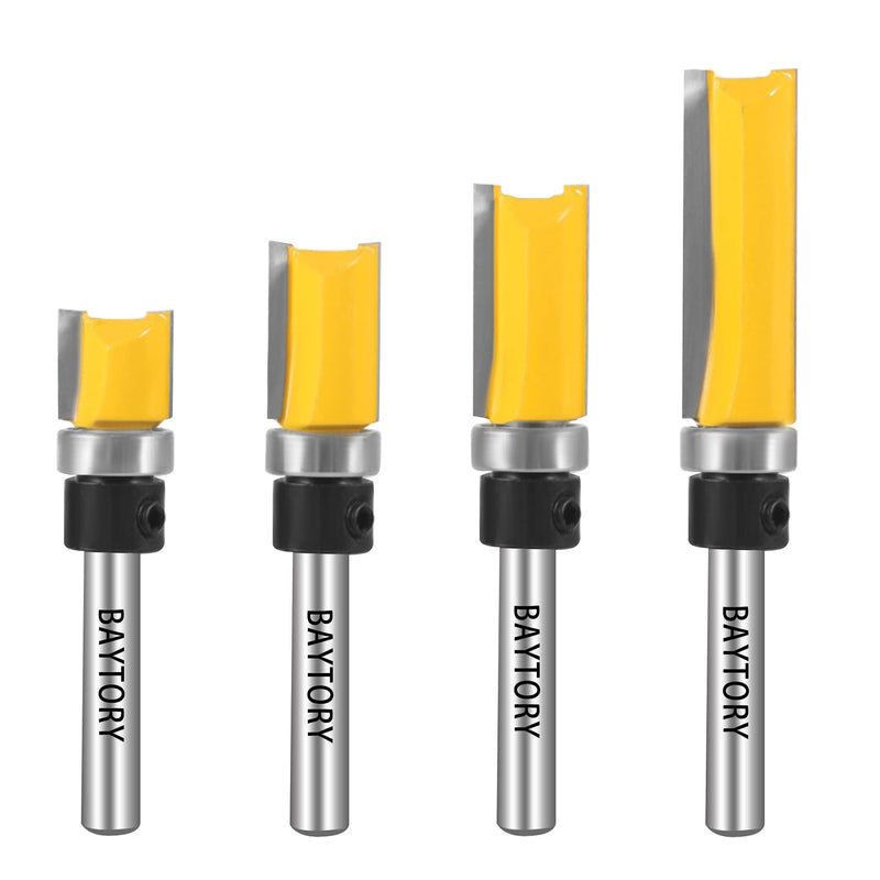 BAYTORY Professional Pattern Flush Trim Router Bit Set with 1/4 inch Shank, 4Pcs 1/2" Cutting Diameter Carbide Bits with Top Bearing Prevent Tear-Out, Template Guide Woodworking Milling Cutter Tool 1/2" Cut Dia.