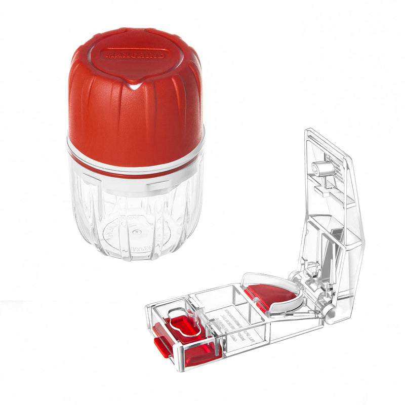 Pill Grinder MAXSPLIT Pill Splitter Combo Package - Pill Crusher Grinder Fine Powder - Safety Guard Pill Splitter with Puncher - Pill Cutter for Small Pills, Large Tablets, Vitamins (Red)