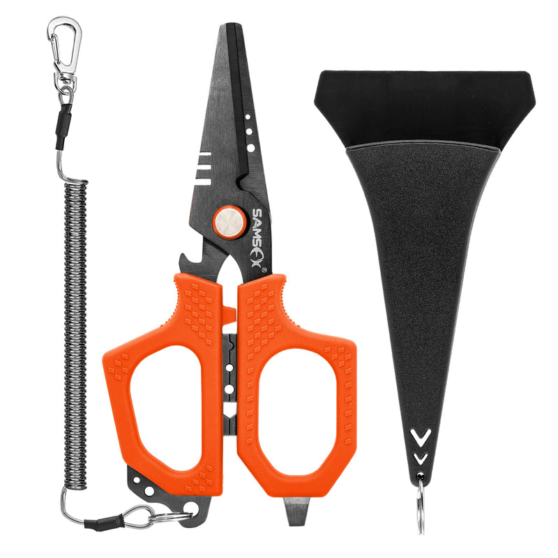 SAMSFX 6.5" Pro Fishing Shears Dual Serrated Blades, Fishing Braided Line Scissors with Titanium Coating, Non-Slip Grip & Multifunction Tool, Includes Hard Molded Locking Sheath & Coiled Lanyard A: Orange Kraton Handle, Hard Sheath