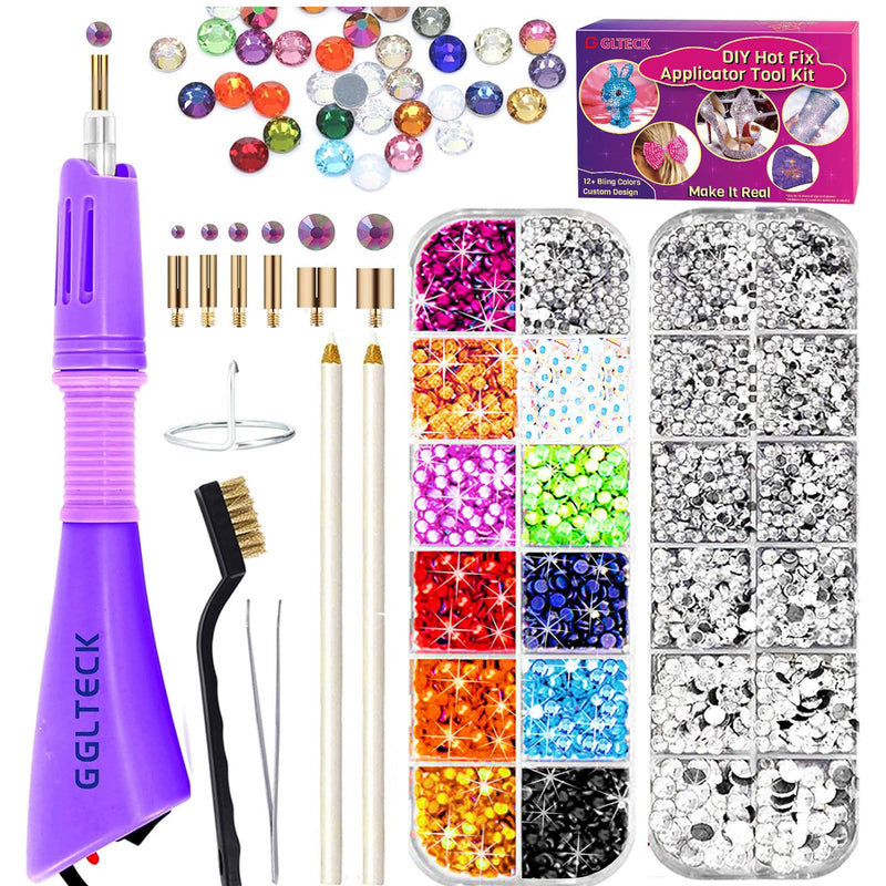 Hotfix Applicator Rhinestones, DIY Hot Fix Rhinestone Applicator Wand Setter Tool Kit with 7 Different Sizes Tips, Tweezers & Brush Cleaning kit and 2 Pack Hot-Fix Crystal Rhinestones