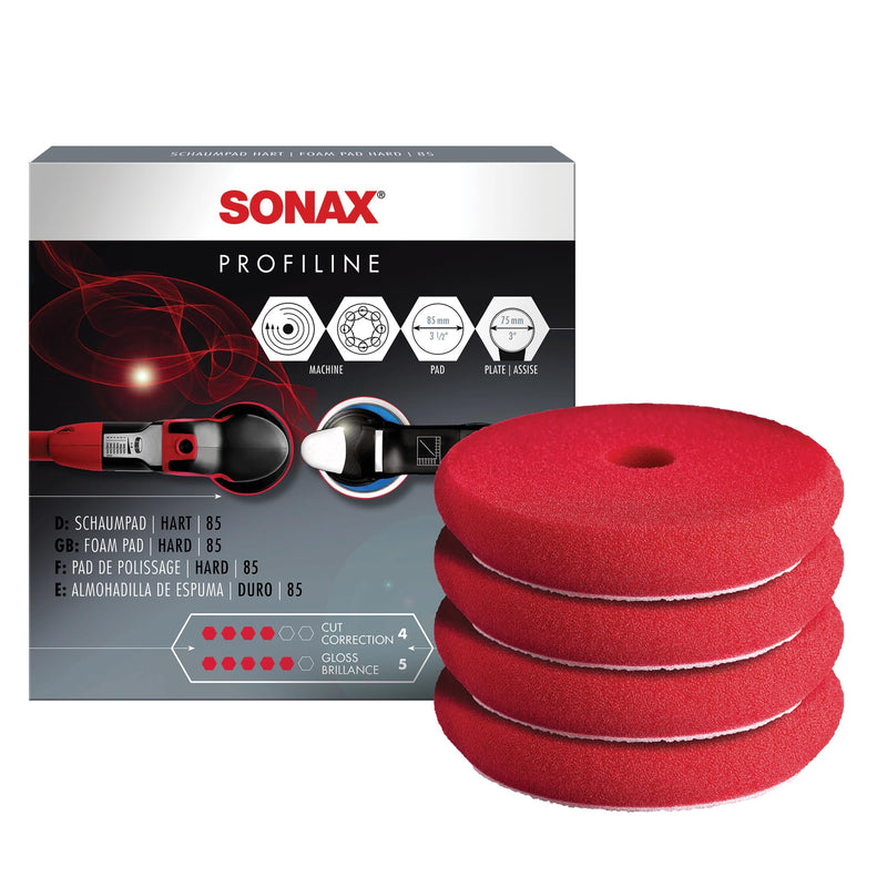 SONAX Red Hard Cutting/Polishing Pad 493100 | Heavy-Duty Foam Pad for Swirl & Scratch Removal | Ideal for Aggressive Paint Correction | for Dual Action & Rotary Polishers | 494200 | 4 Pack, 3-Inch