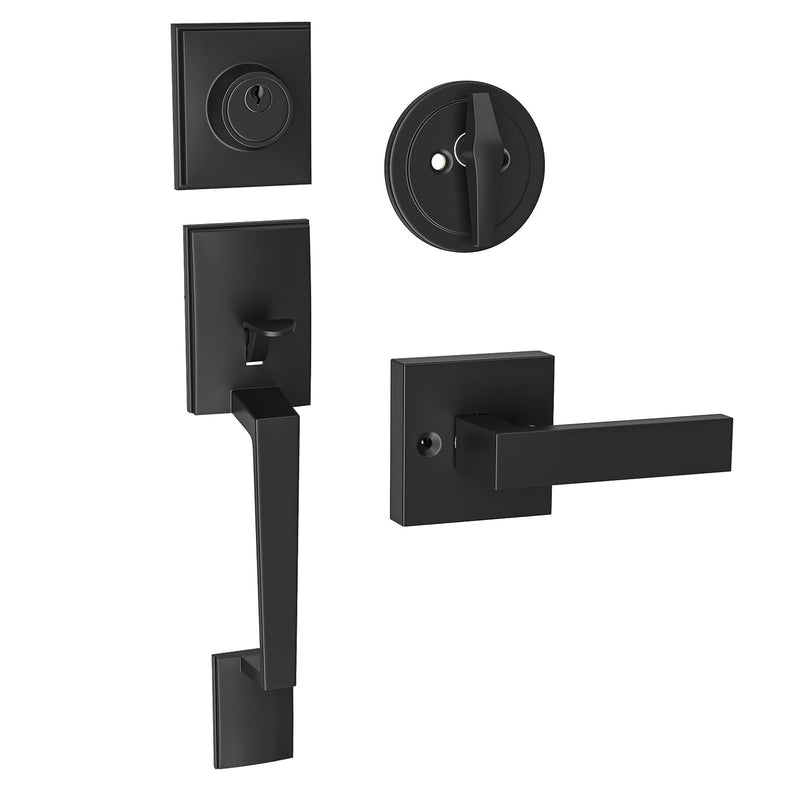 HOSOM Front Door Lock Set Black Front Door Handle with Deadbolt and Lever Set Exterior Door Handle Set with Single Cylinder Deadbolt Entry Door Locksets for Right&Left Handed, Matte Black Modern