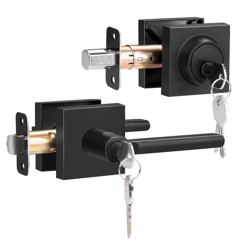 HOSOM Matte Black Entrance Door Lock Set with Single Cylinder Deadbolts, Heavy Duty Modern Sleek Square Door Handle with Lock & Keys on Both Sides