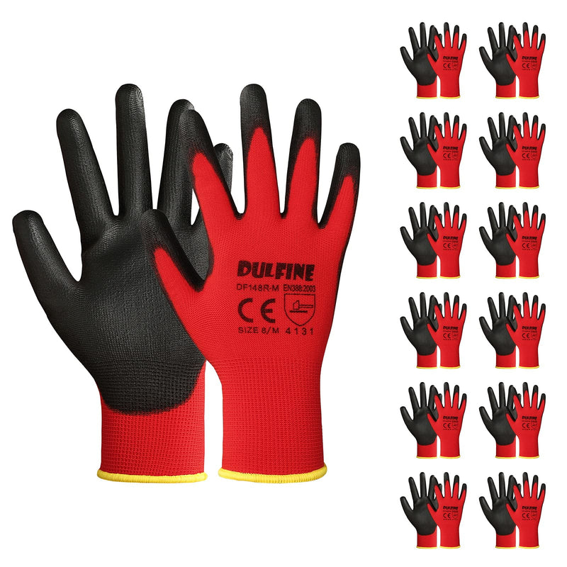 Safety Work Gloves PU Coated-12 Pairs,Red Seamless Knit Glove with Polyurethane Coated Smooth Grip on Palm & Fingers, for Men and Women, Ideal for General Duty Work (Large) Large Red