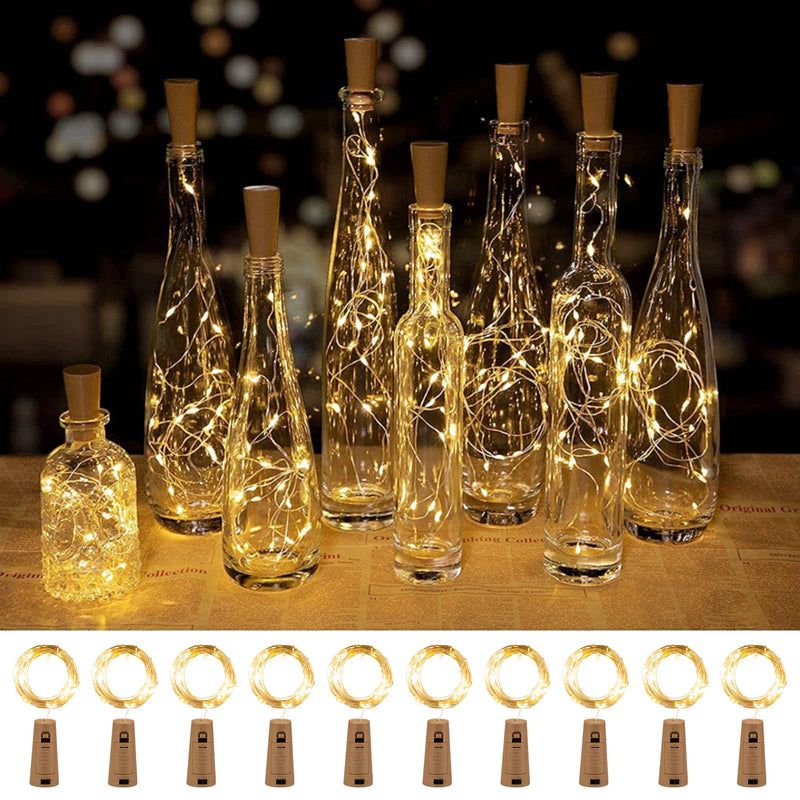 Brightown Wine Bottle Lights with Cork, 10 Pack 20 LED Waterproof Battery Operated Cork Lights, Silver Wire Mini Fairy Lights for Liquor Bottles DIY Party Bar Christmas Wedding Décor Warm White 10 PC