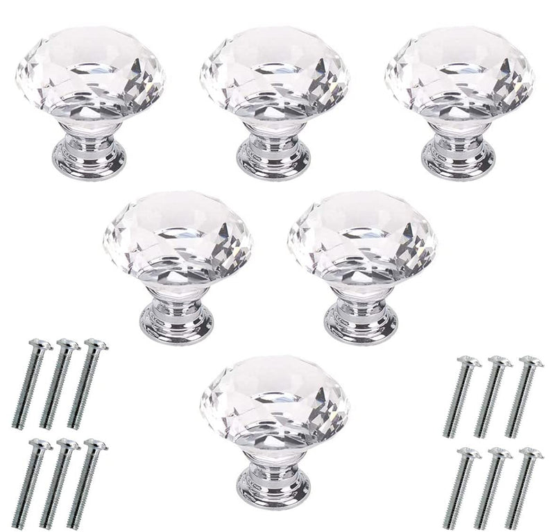 Akstore 6 Pcs Crystal Glass Cabinet Knobs 30mm Diamond Shape Drawer Kitchen Cabinets Dresser Cupboard Wardrobe Pulls Handles (30mm, Clear) 30 mm