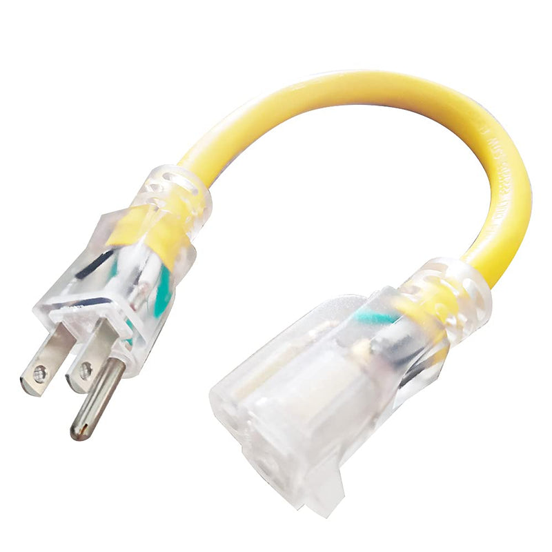 EP 1 ft Lighted Extension Cord - 12/3 SJTW Heavy Duty Yellow Extension Cable with 3 Prong Grounded Plug - 15AMP Power Cord for Lawn, Garden, Appliances 1ft