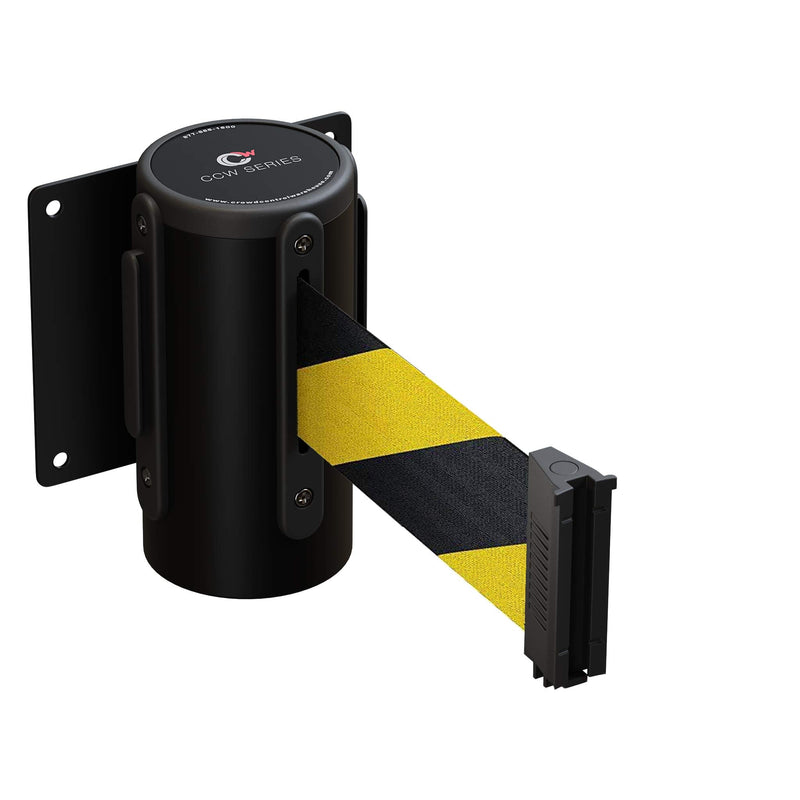 Crowd Control Warehouse - CCW Series WMB-125 Fixed Wall Mount Retractable Belt Barrier - 11 Foot, Black and Yellow Diagonal Stripes Belt with Black Steel Case Solid Color