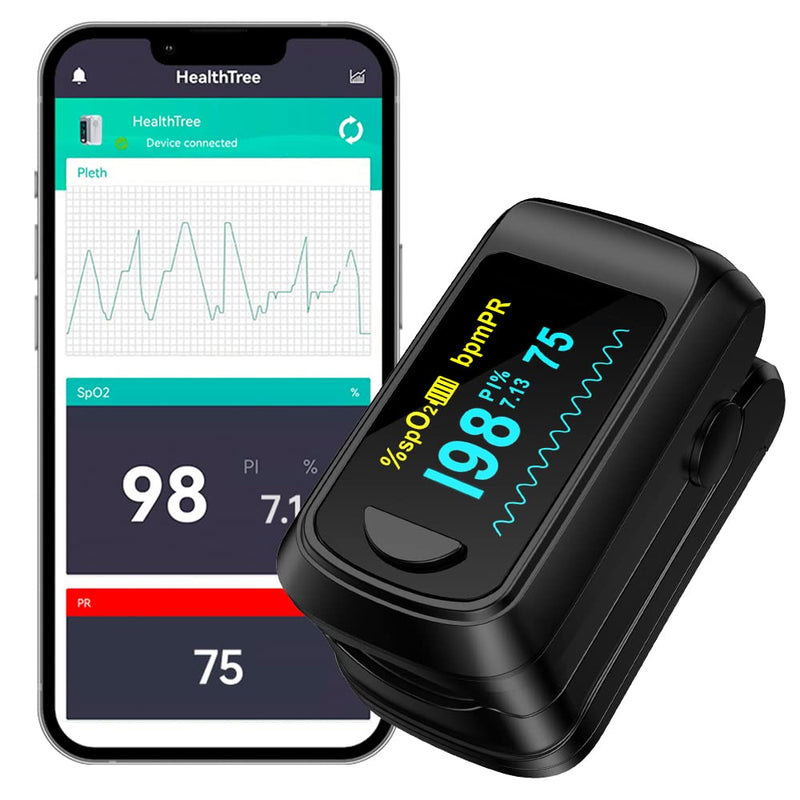 Pulse Oximeter Blood Oxygen Monitor Fingertip HealthTree Bluetooth Pulse Ox with Free APP, O2 Pulse Oximeter Finger and Heart Rate Monitor Black
