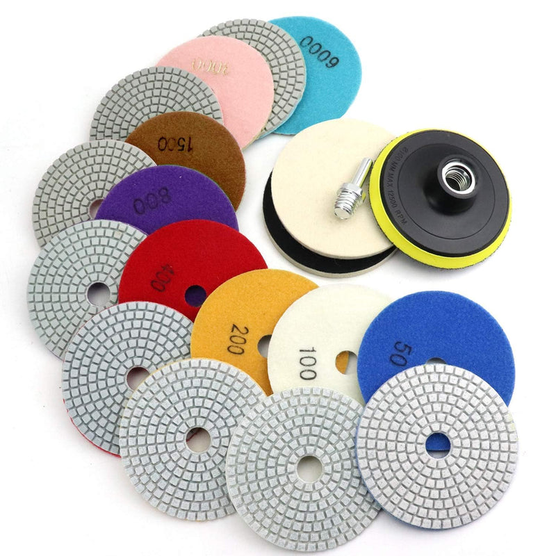 4 Inch Diamond Polishing Pads with 5/8’’-11 Backer Pad, 12PCS Wet/Dry Granite Stone Polish Pad Kit for Drill, Grinder, Polisher, 50-6000 Grit Polishing Pad for Concrete Marble Rock Countertop Quartz 4 Inch 50-6000 Grit