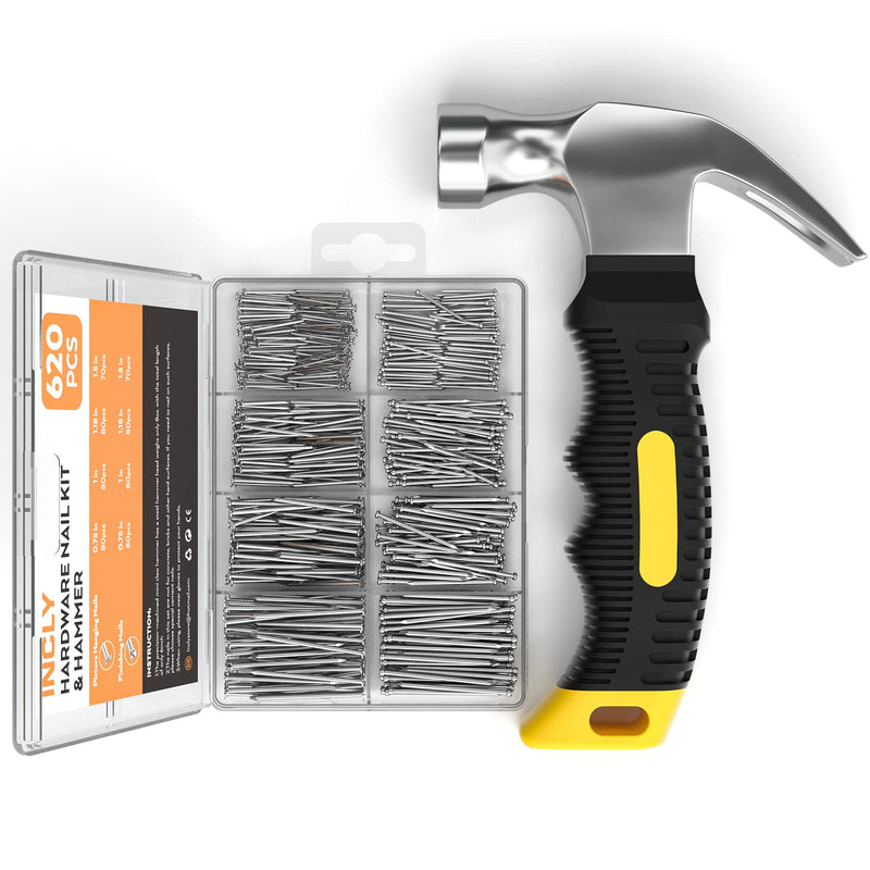 INCLY 620 PCS Small Nails for Hanging Pictures Assortment Kit with 8oz Claw Small Hammer, Mini Hammer Set with Hardware Nails Assorted Set 310 Wall Nails & 310 Finish Nails for Installing with Case Yellow - NewNest Australia