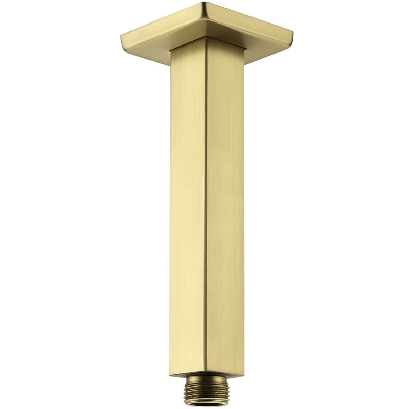 Brushed Gold Shower Arm with Flange 6 Inch Straight Stainless Steel Top Rainfall Shower Head Extension Pipe Square Shaped 6 Inches Brushed Gold