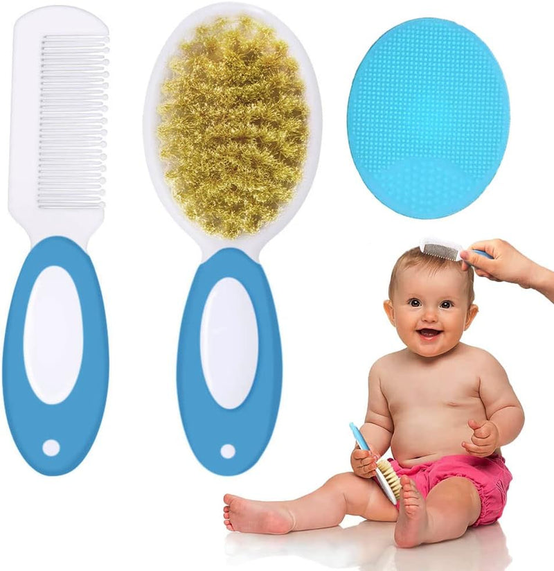 Baby Hair Brush &Silicone Baby Cradle Cap Brush Set, for Newborns & Toddlers-Natural Soft Goat Bristles-Ideal for Cradle Cap-Perfect Baby Registry Gift (Blue) Blue - NewNest Australia