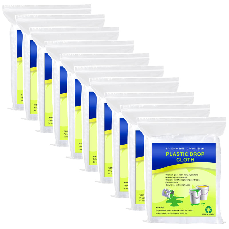 10 Pieces Plastic Drop Sheets for Painting, Waterproof and Dust-Proof Clear Cloth for Furniture Cover, 9x12 Feet Tarps 10 Pieces