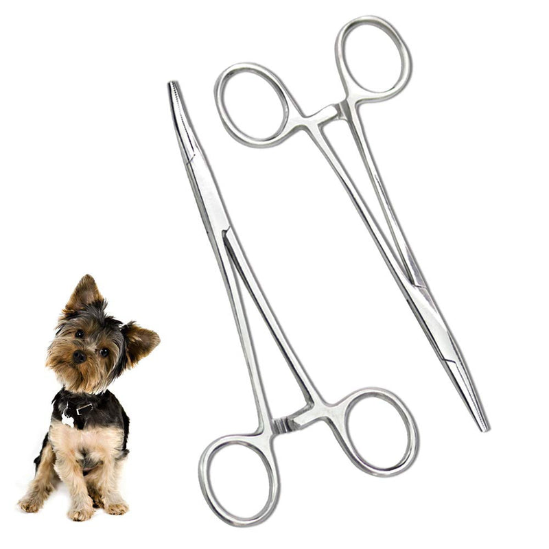 Pets ears/nose hair Puller Straight & Curved full serrated, stainless steel Home Hemostat Locking Forceps, Professional pet grooming tool for cats & dogs 2pcs set Silvery