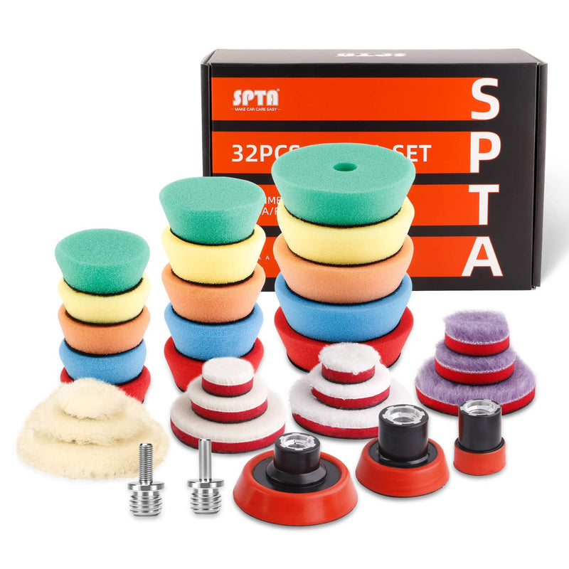 SPTA 29pcs Drill Buffing Pad Detail Polishing Pad Mix Size Kit with 5/8-11 Thread Backing pad & Adapters for Car Sanding, Polishing, Waxing (32Pcs Mini Detail Polishing Sets) 32pcs