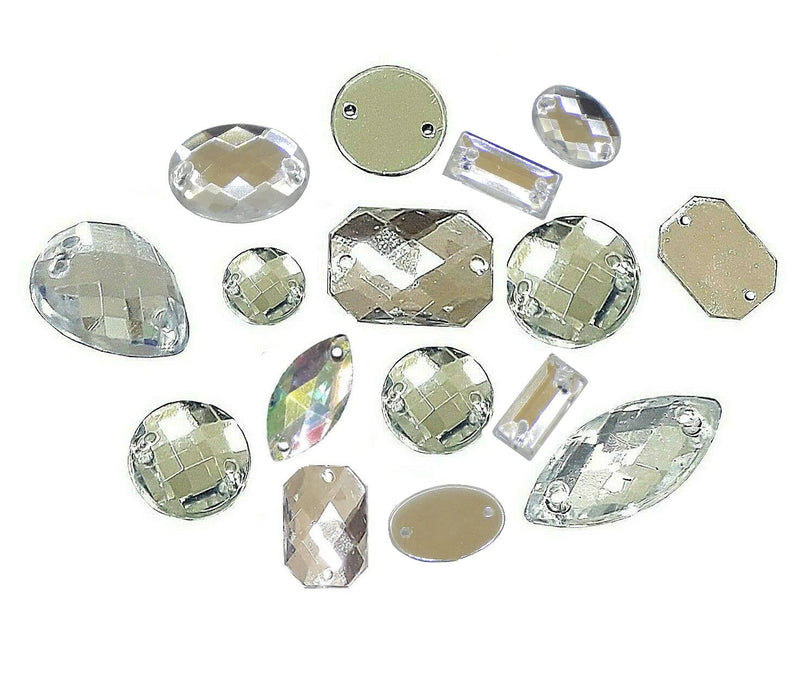 Perlin Rhinestone Gems for Sewing 2 Holes Buttons 100 Pieces Crystal Acrylic Stones Flat Back Faceted Mixed Shapes Set Crystal and Crystal AB Sewing Buttons