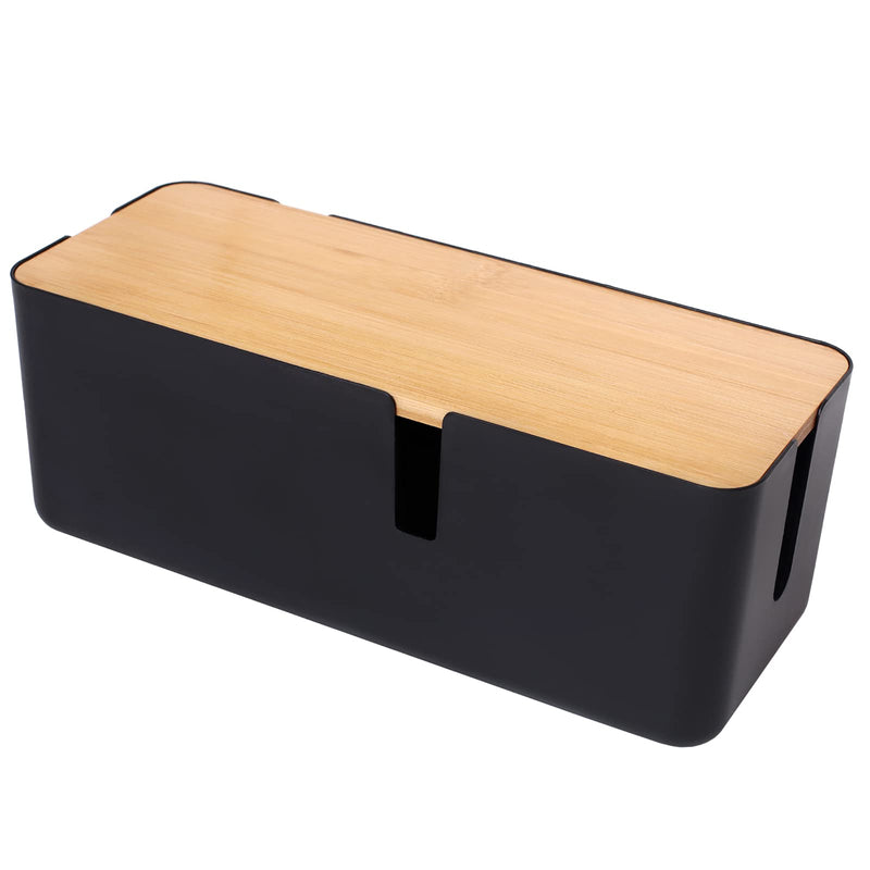 Changsuo Cable Management Box with Bamboo Lid Small Cable Organizer Box for Extension Cord Power Stripe Surge Protector Wire Management Concealer Organizer Cover Hider (Black) Black