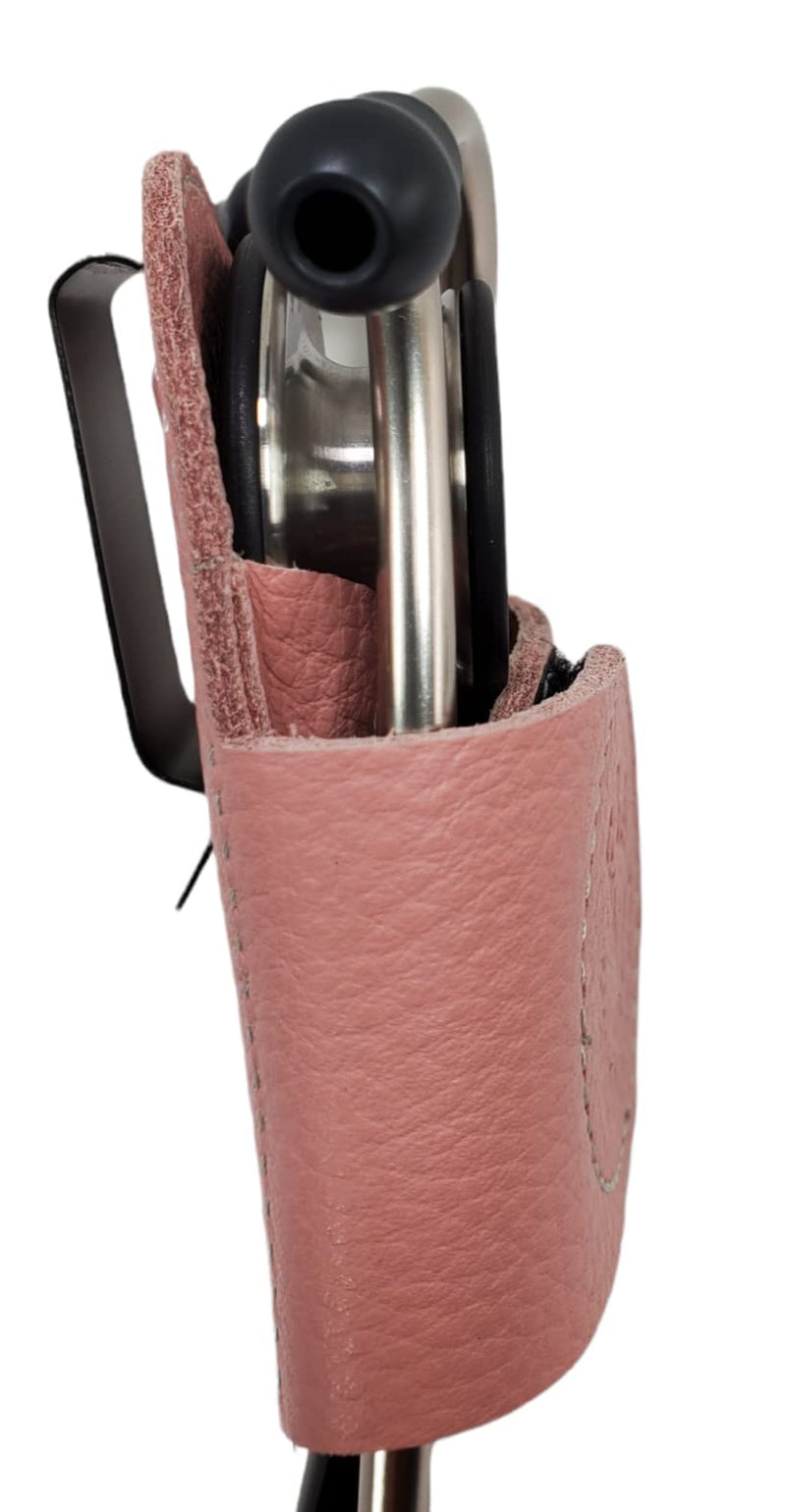 Stethoscope Holder pro with Clip, Handmade in USA Genuine Leather .Perfect for Nurses, EMT, Medical Nursing Student. No More Neck Carrying. Leather Holder(pink new)