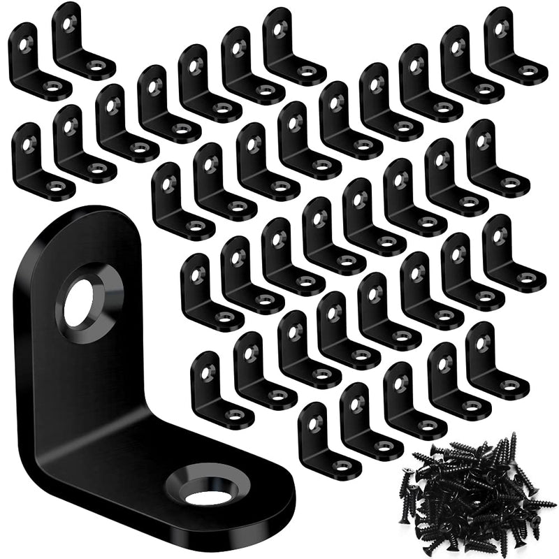 40PCS L Bracket Corner Brace, Metal Black Corner Bracket, Stainless Steel Joint Right Angle Bracket Fastener for Wood Chair Bookshelf Furniture Cabinet with 80PCS Screws (20mmx20mm) 20 mm