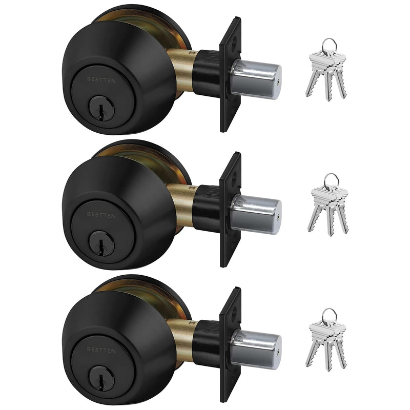 BESTTEN 3 Pack Keyed Alike Deadbolt, Single Cylinder Entry Door Lock with Same Key, 9 Keys Included, for Exterior Front Doors, Matte Black