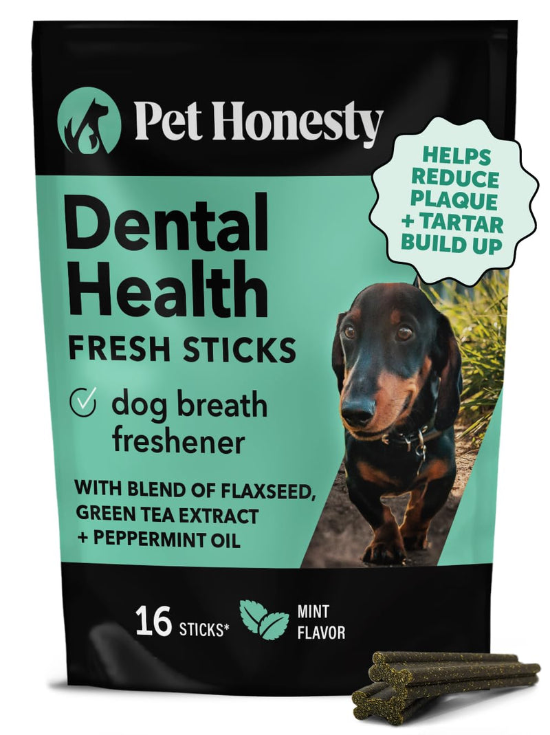 Pet Honesty Dental Health Fresh Sticks - Oral Hygiene Dental Sticks for Dogs - Dental Dog Chews - Freshen Dog Breath, Reduce Plaque + Tartar - 16 Sticks Dental Sticks Mint 15 Ounce (Pack of 1) - PawsPlanet Australia