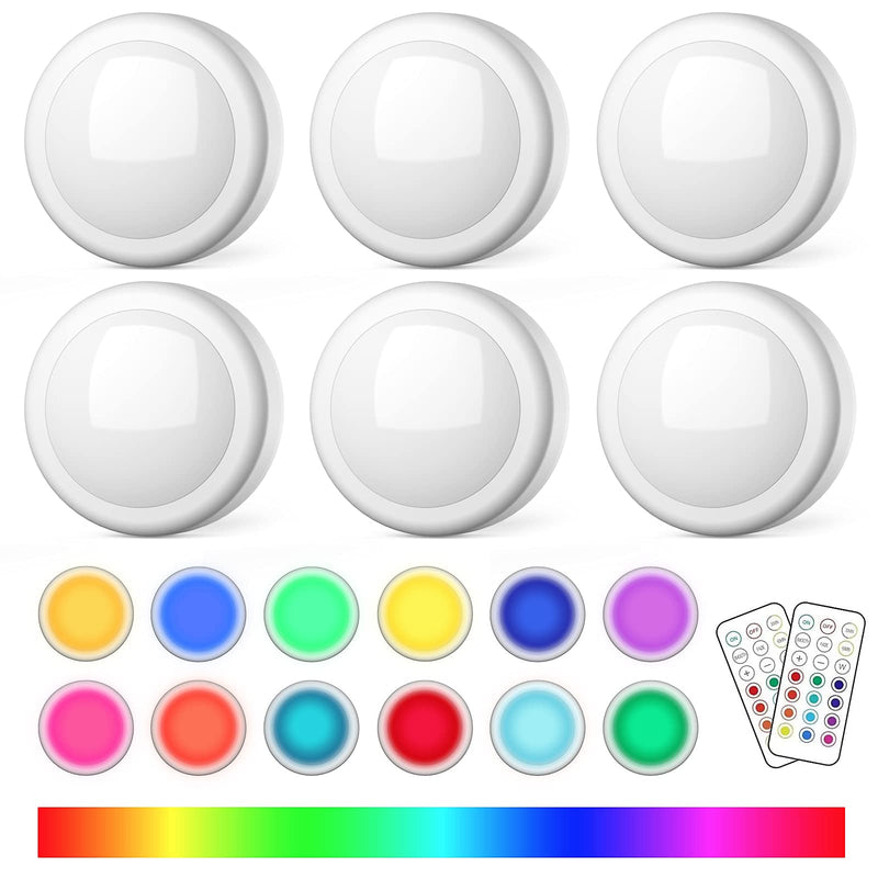 Puck Lights with Remote Control, Battery Operated LED Push Lights Wireless, 13 Color RGB - for Closet, Bedroom Wall, Under Cabinet, Battery Powered Puck Lights. Convenient 3M Stick On, 6 Pack 6-packs White