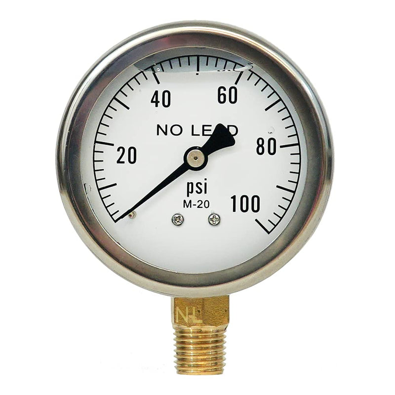 Merrill MFG 2-1/2" Liquid Filled Pressure Gauge, 0–100 PSI/kPa, Stainless Steel Case, 1/4" NPT Lower Mount, No-Lead, Vibration-Resistant (100 PSI Range) 100 PSI