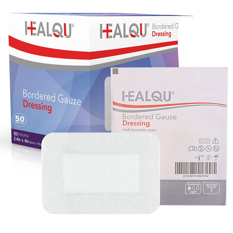 HEALQU Bordered Gauze Island Dressing - 50 Count, 2.4"x4" Sterile Individually Wrapped Gauze Pads with Water-Resistant, Non-Woven Backing - Soft and Breathable Wound Dressing for First Aid & Medical 2.4x4" (2x1" pad) Box of 50