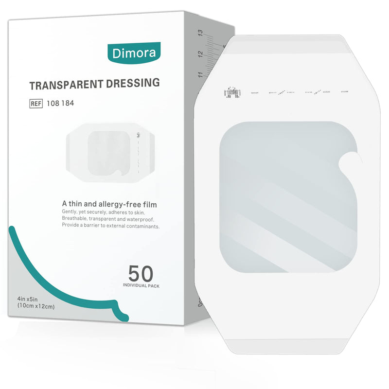 Dimora Transparent Film Dressing 50 Packs, Waterproof Adhesive Clear Bandages 4 in x 5 in, Wound Cover for IV Shield, Tattoo Aftercare Bandage(FSA/HSA Approved)) 4" x 5"
