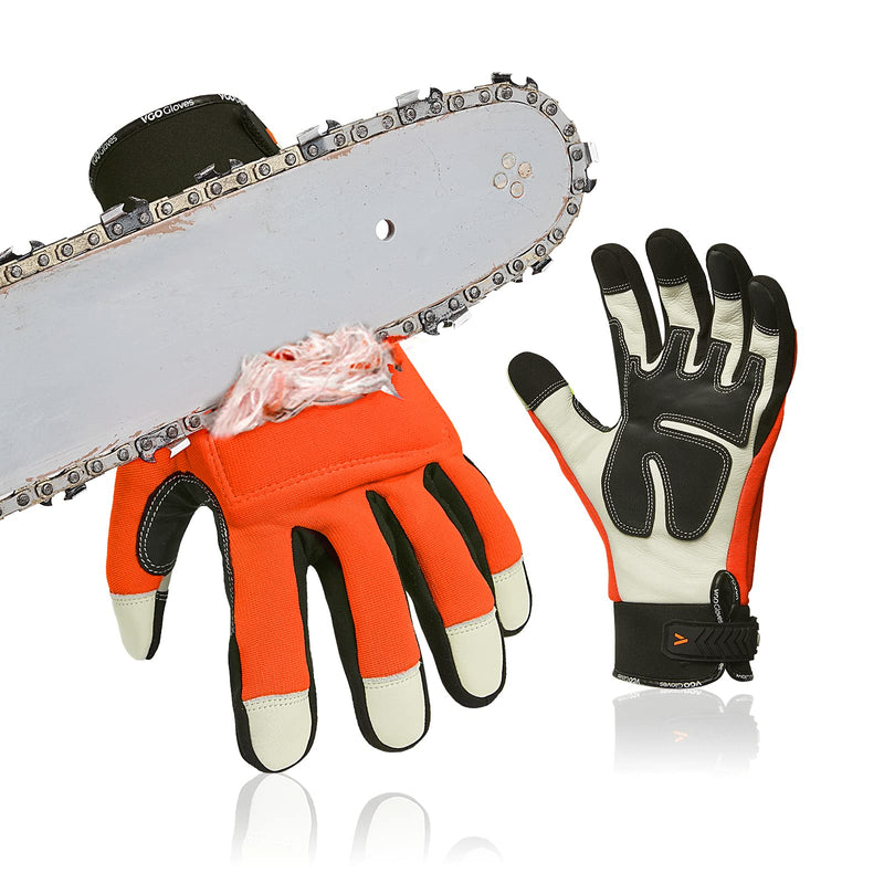 Vgo... Chainsaw Gloves,12-Layer Saw Protection on Left/Both Hand Back,Cow Leather Gloves,Touchscreen Large(Pack of 1) Orange-both Protection